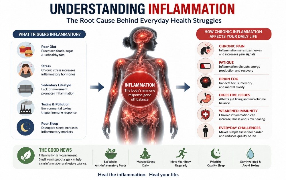 Illustration showing inflammation in the body and its connection to chronic pain, fatigue, and everyday health challenges.