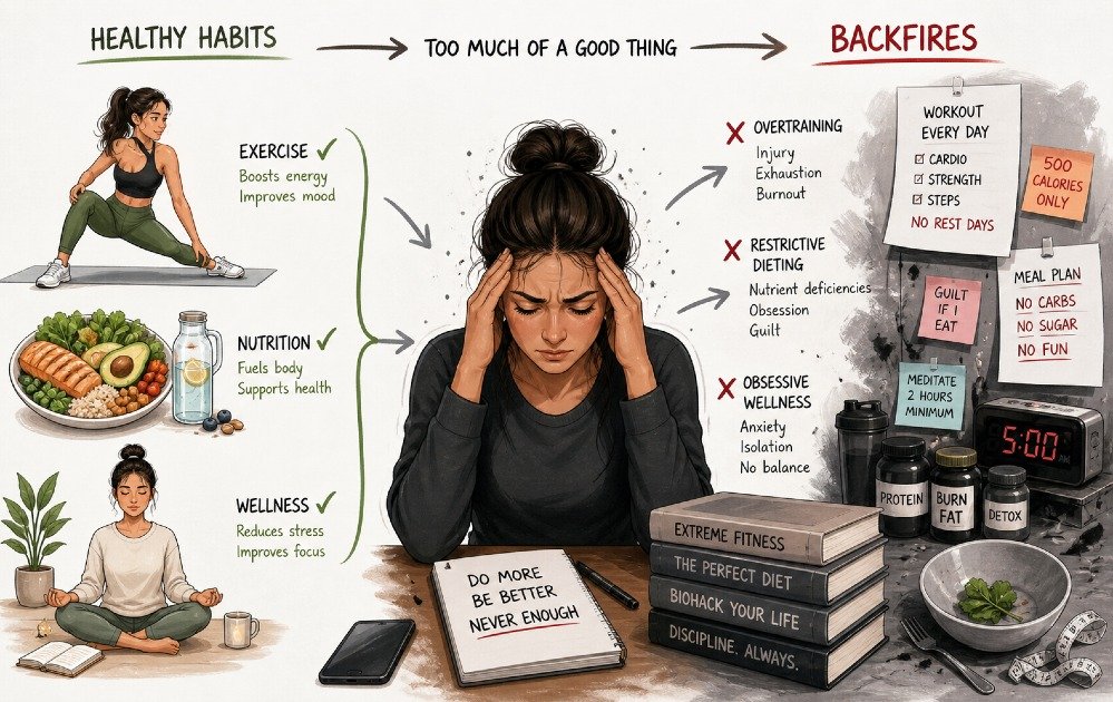 Concept illustration showing healthy habits like exercise, dieting, and wellness routines becoming excessive and causing stress or burnout.