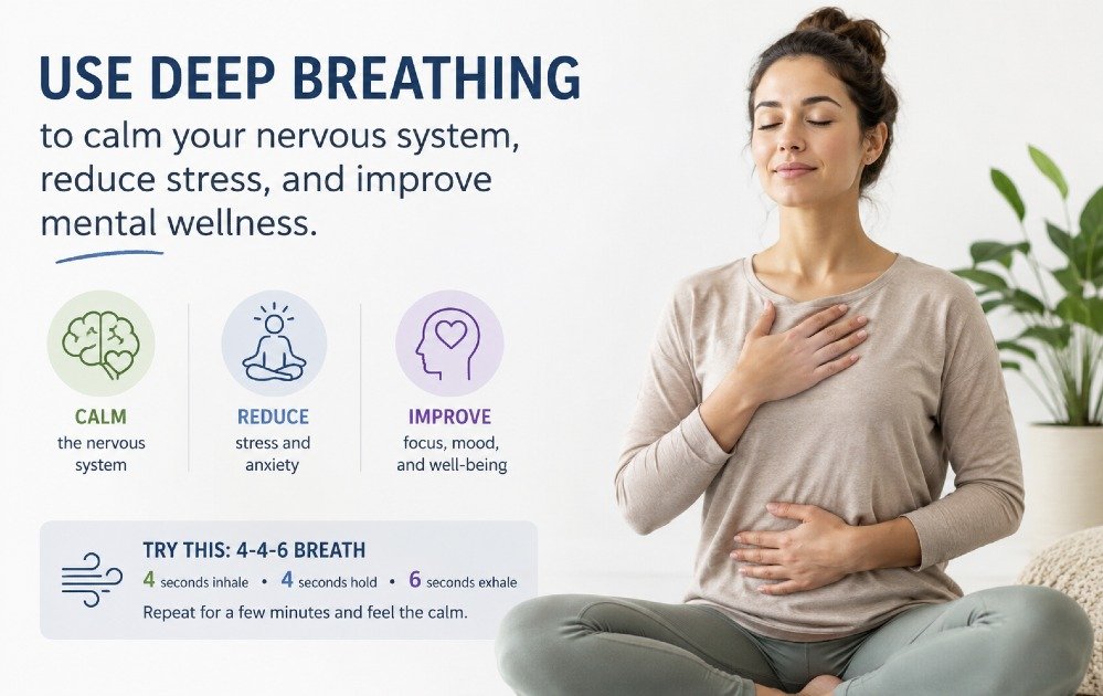 Person practicing deep breathing to calm the nervous system, reduce stress, and improve mental wellness.