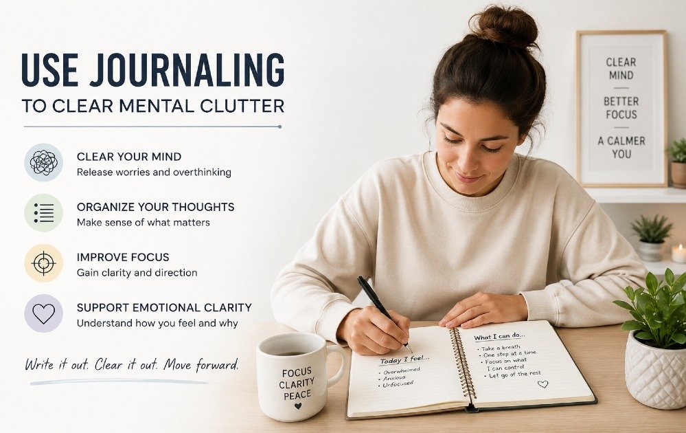 Person journaling to clear mental clutter and organize thoughts for better focus and emotional clarity