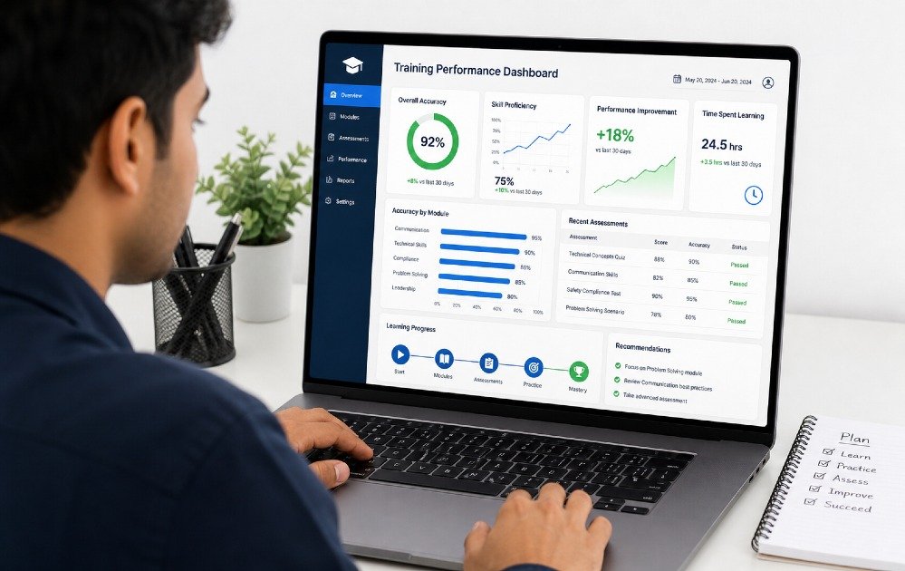 Person using digital training tools on a laptop dashboard showing data analytics and performance improvement metrics for accurate skill development.