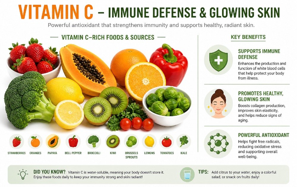 Vitamin C-rich foods and sources supporting immune defense and healthy, glowing skin