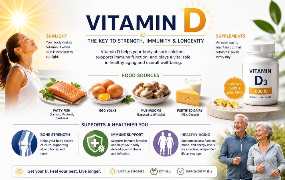 Vitamin D concept showing sunlight, foods, and supplements linked to bone strength, immune support, and healthy aging.