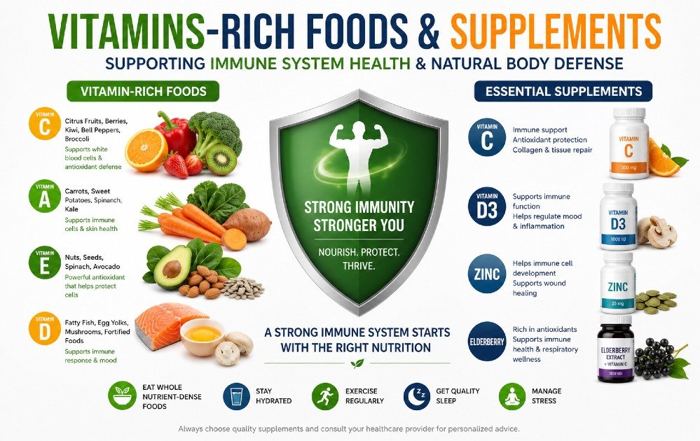 Vitamins-rich foods and supplements supporting immune system health and natural body defense