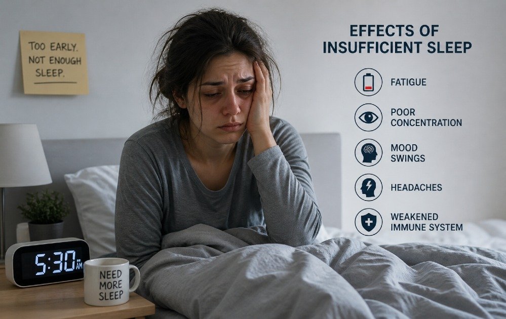 Exhausted person waking up too early in bed, showing signs of poor sleep and fatigue.
