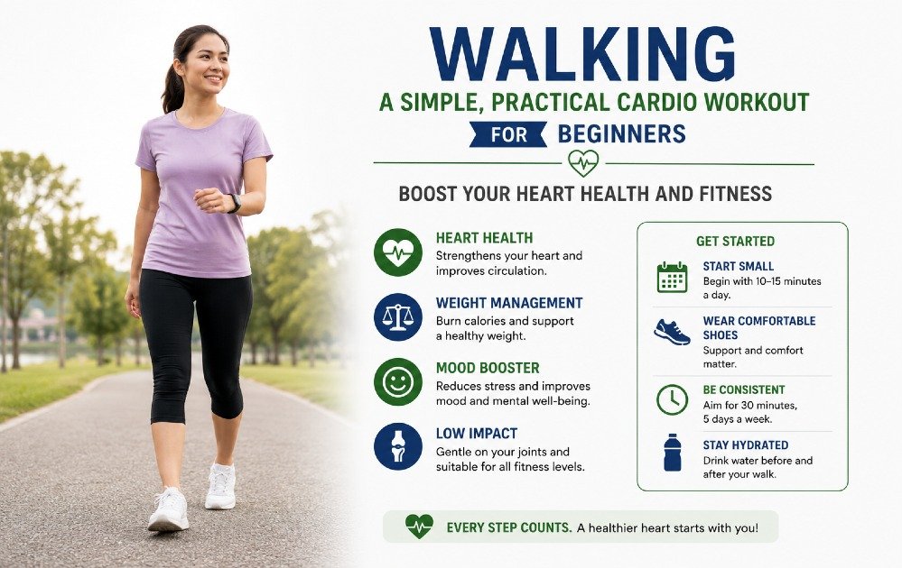 Beginner walking outdoors as simple, practical cardio exercise for heart health and fitness