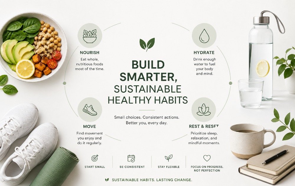 Minimalist wellness concept showing healthy foods, water, movement, and calm lifestyle elements symbolizing smarter, sustainable habit building.