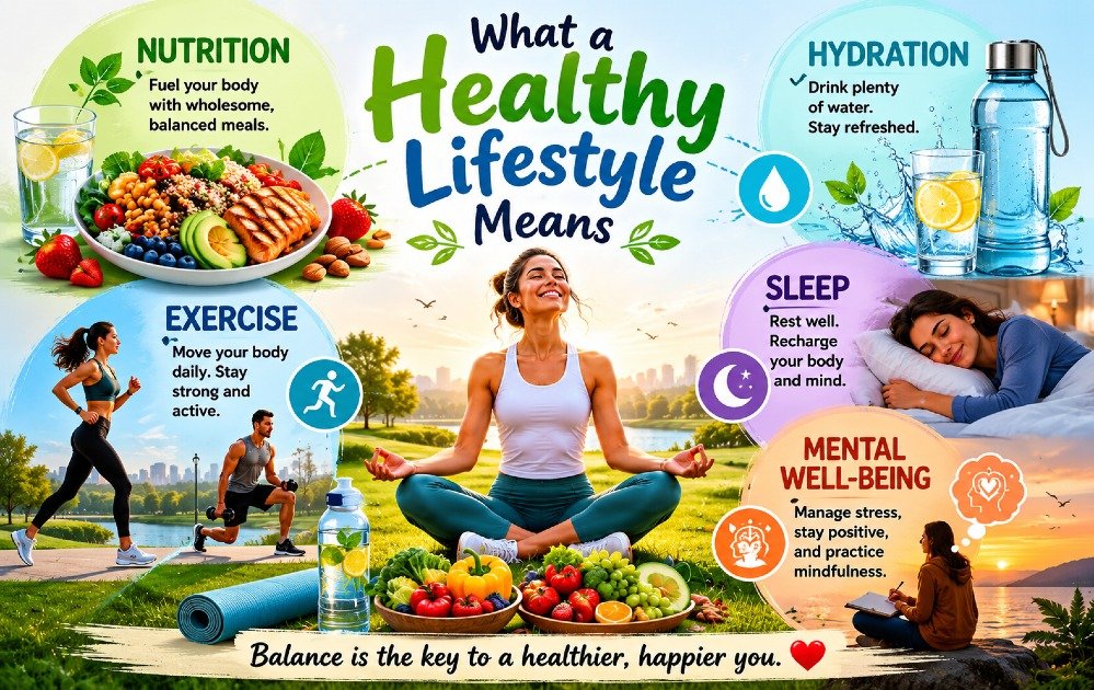 Healthy lifestyle concept showing balanced habits including nutrition, exercise, hydration, sleep, and mental well-being.