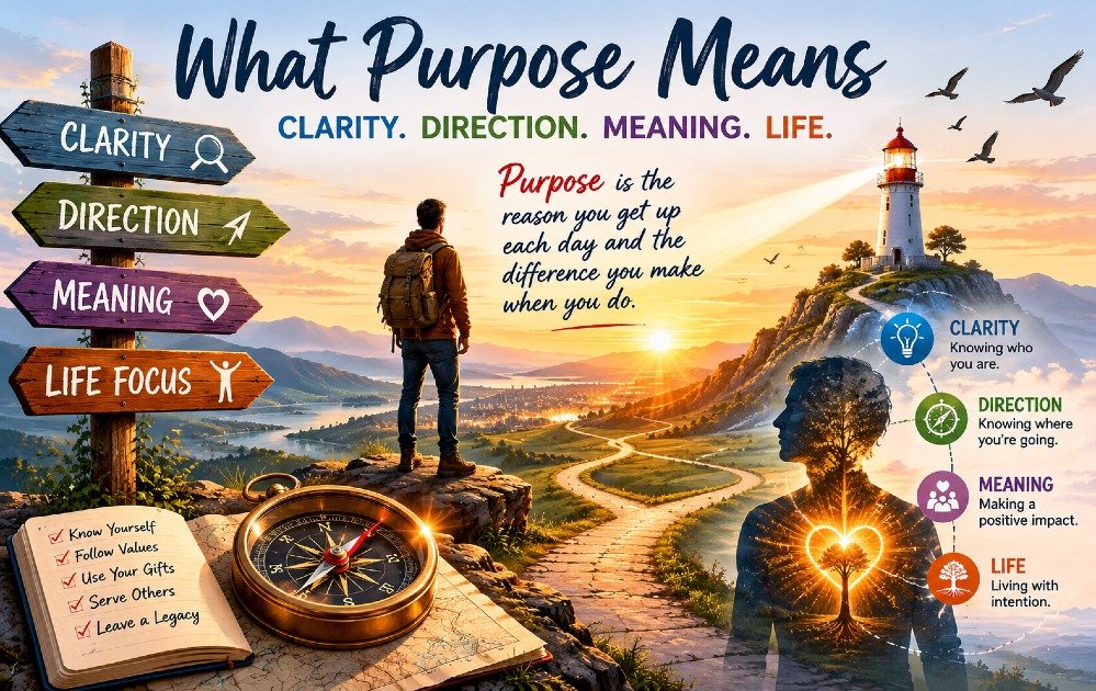 Concept illustration of what purpose means, symbolizing clarity, direction, and meaningful life focus.