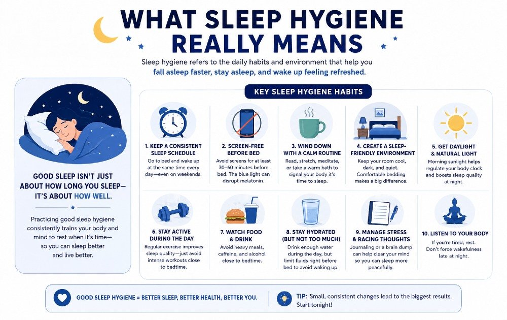 Infographic explaining what sleep hygiene really means, showing habits like consistent sleep schedule, screen-free bedtime, and a calm sleep environment.