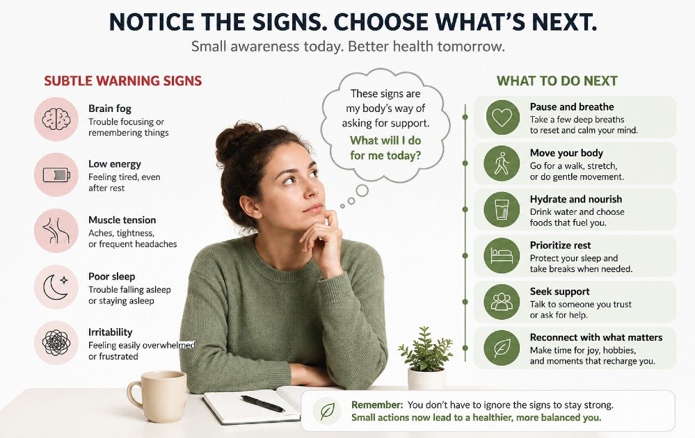 Person noticing subtle warning signs of stress and fatigue and deciding what to do next for better health and balance.