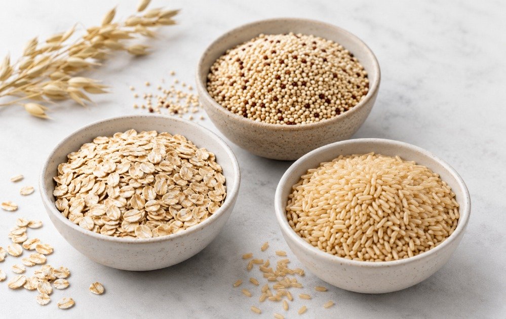 Assorted whole grains including oats, quinoa, and brown rice in simple bowls on a clean surface