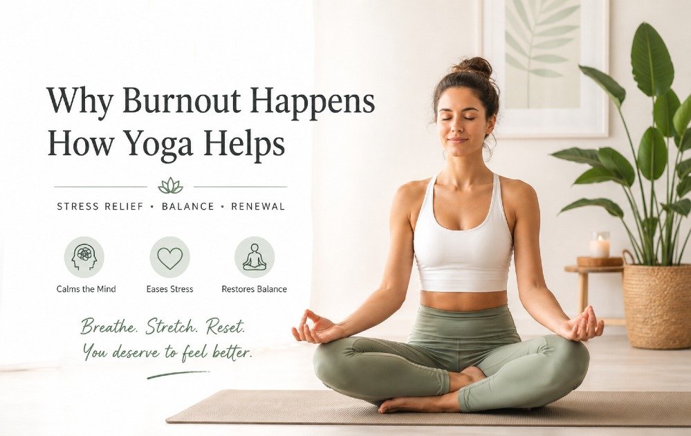 Calm woman practicing yoga in a peaceful setting to illustrate stress relief from burnout