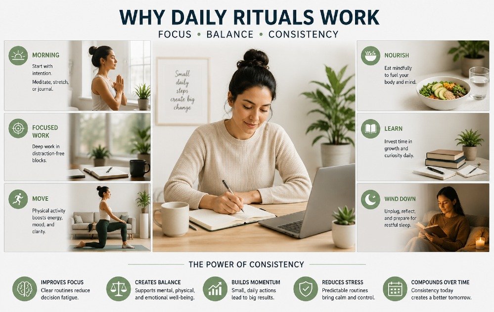 Person practicing a calm daily routine that supports focus, balance, and mental well-being.