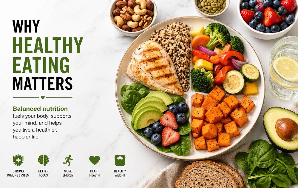 Healthy foods on a table showing balanced nutrition and the importance of healthy eating for overall well-being.