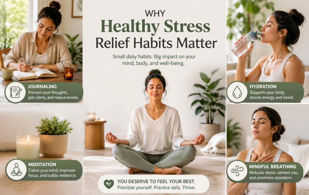 Person practicing healthy stress relief habits through meditation, journaling, hydration, and mindful breathing in a calm wellness setting.