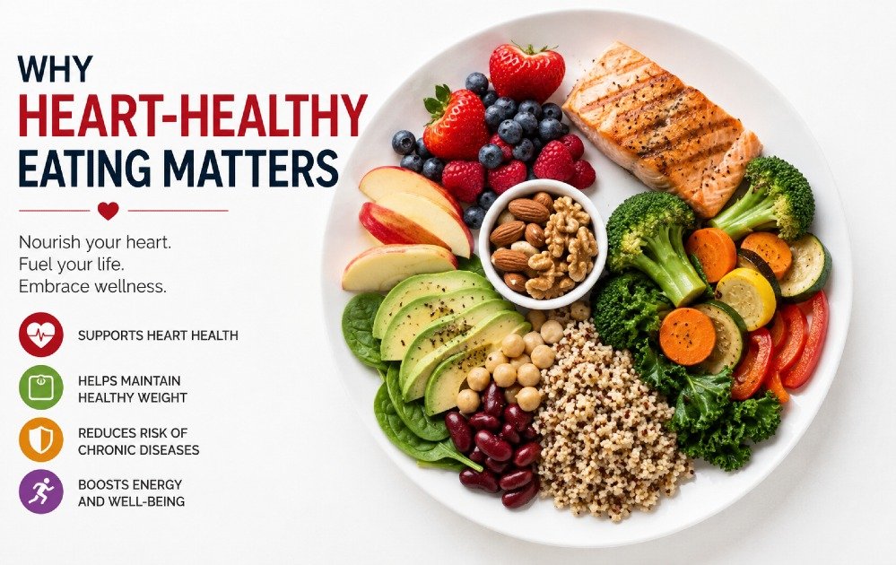 Heart-healthy foods like fruits, vegetables, whole grains, and lean proteins arranged on a clean plate representing balanced nutrition for cardiovascular wellness.