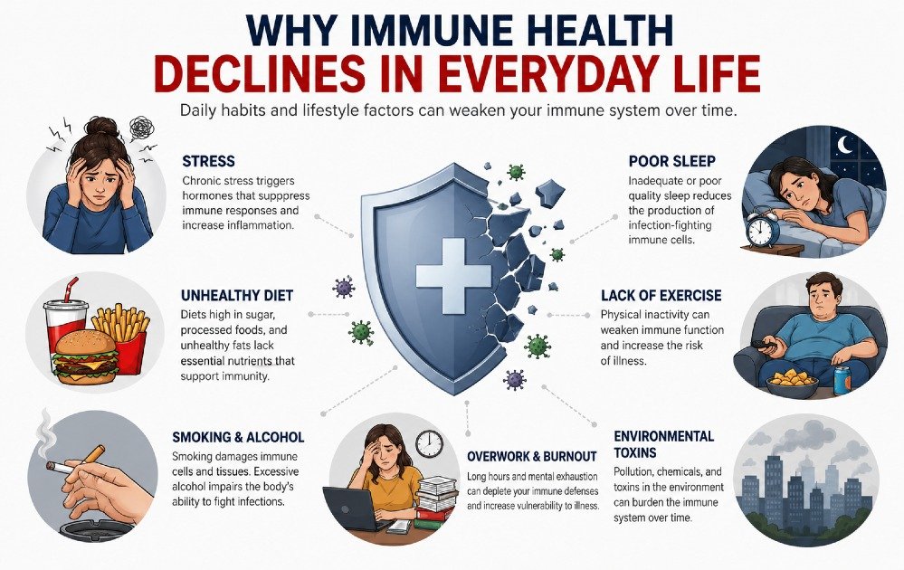 Illustration showing factors that weaken immune health in everyday life such as stress, poor sleep, and unhealthy habits