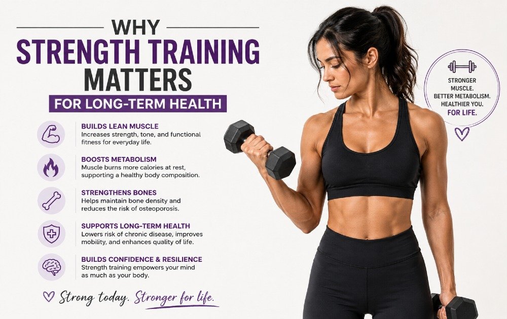 Woman performing strength training with dumbbells to build muscle, improve metabolism, and support long-term health.