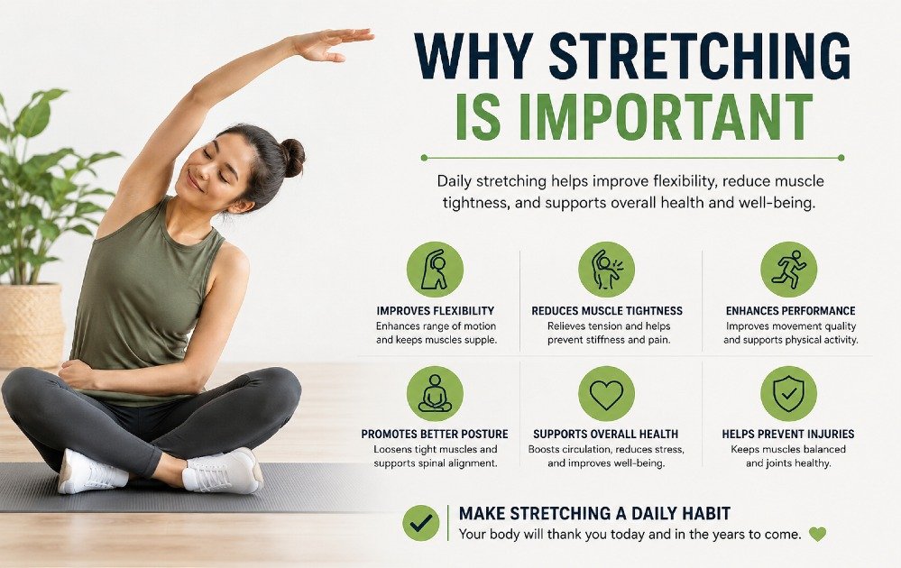 Person stretching gently to relieve muscle tightness and improve mobility, highlighting the importance of daily stretching for overall health.