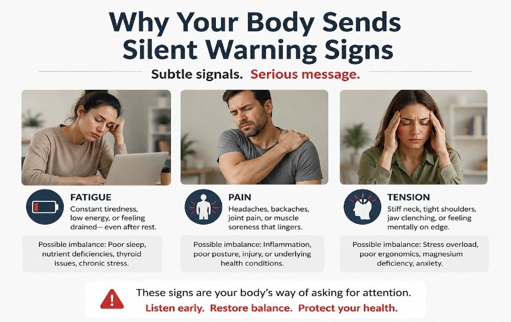 Subtle body warning signals such as fatigue, pain, and tension indicating underlying health imbalance.