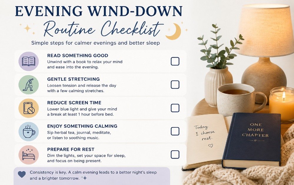 Evening wind-down routine checklist showing calming activities like reading, stretching, and reducing screen time to improve sleep quality and relaxation.