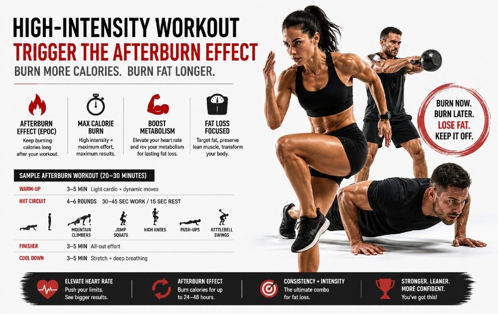 High-intensity workout session designed to boost calorie burn and activate the afterburn effect for increased fat loss after exercise.