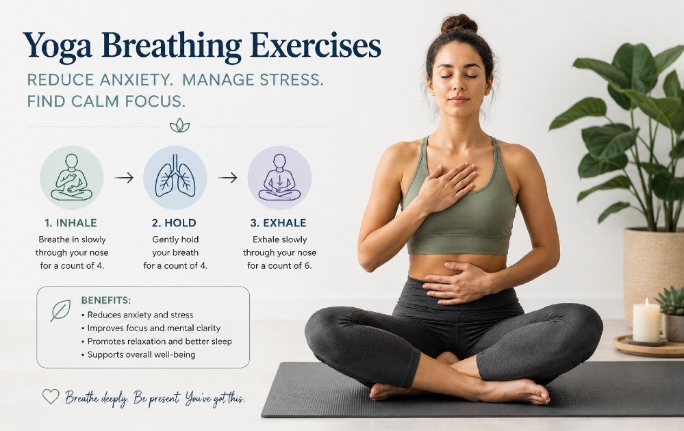 Person practicing yoga breathing exercises to reduce anxiety and promote calm focus