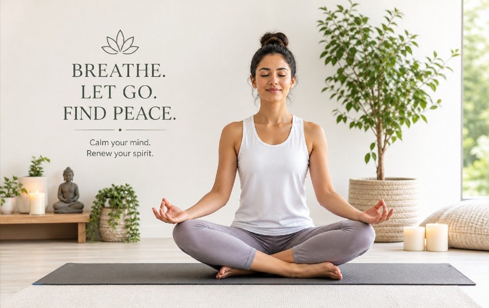 Person practicing calming yoga pose in a peaceful setting to reduce stress and promote mental clarity and relaxation.