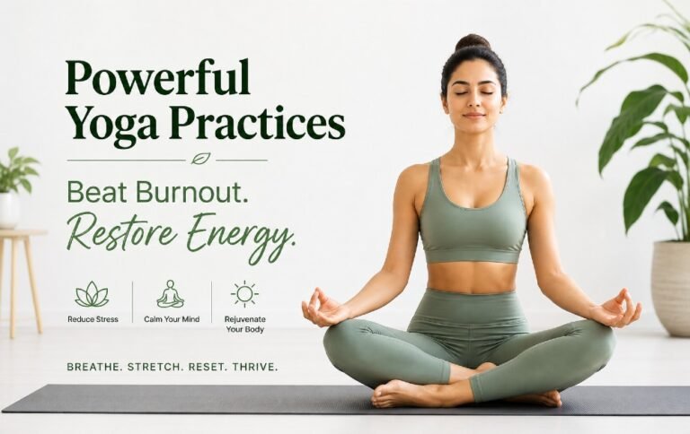 Calm yoga practitioner in a peaceful pose promoting energy recovery and burnout relief