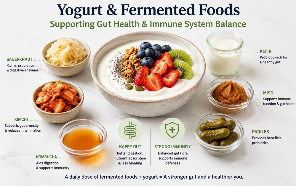 Bowl of yogurt with fermented foods supporting gut health and immune system balance