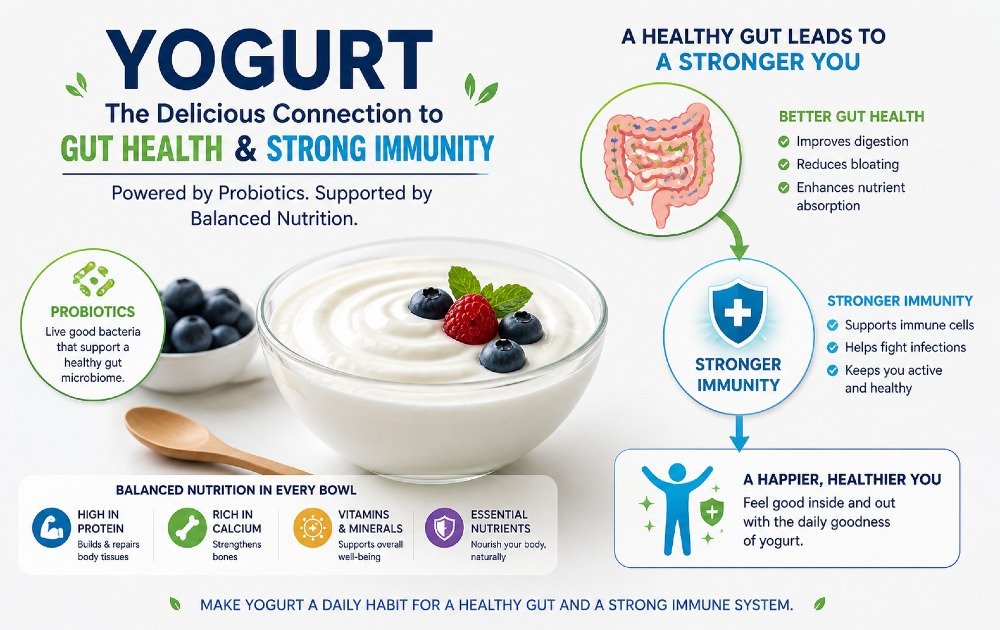 Yogurt supporting gut health and strengthening immunity through probiotics and balanced nutrition.
