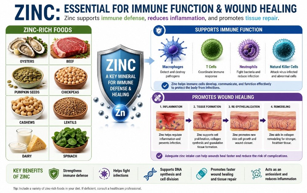 Zinc-rich foods and immune cells illustrating zinc’s role in immune function and wound healing.