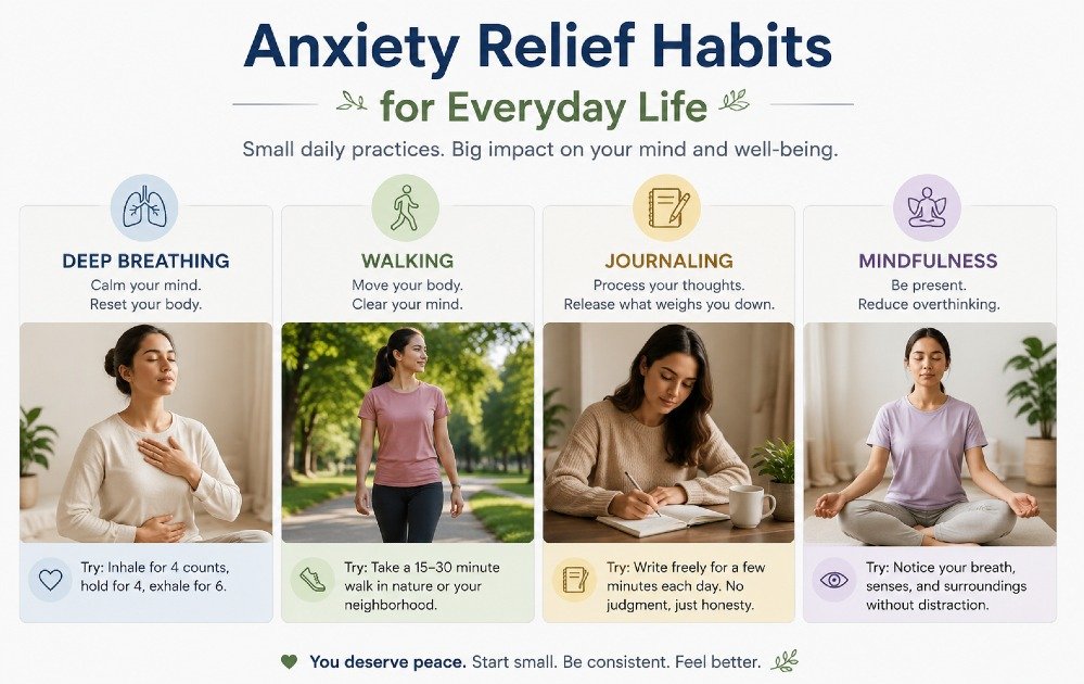 Person practicing simple daily habits such as deep breathing, walking, journaling, and mindfulness to reduce anxiety and improve emotional well-being.