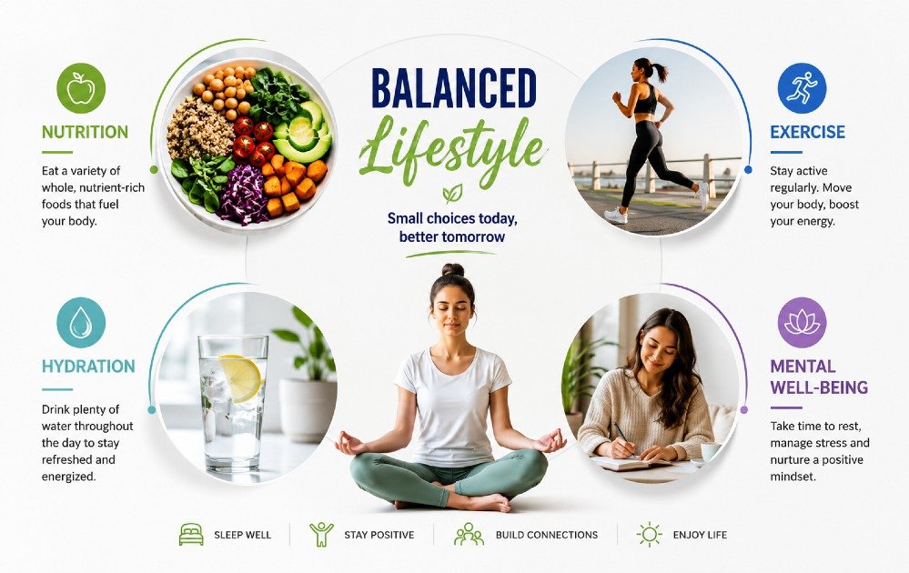 Balanced lifestyle showing healthy habits including nutrition, exercise, hydration, and mental well-being