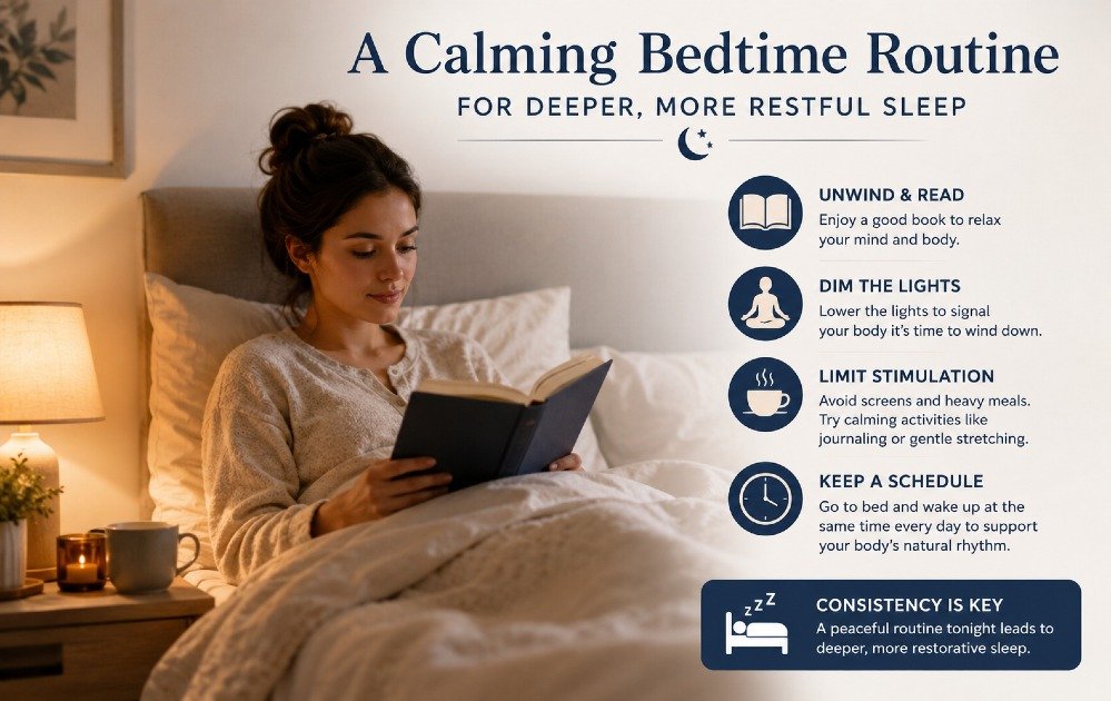 Person following a calming bedtime routine with reading, dim lighting, and a consistent sleep schedule for deeper, more restful sleep.