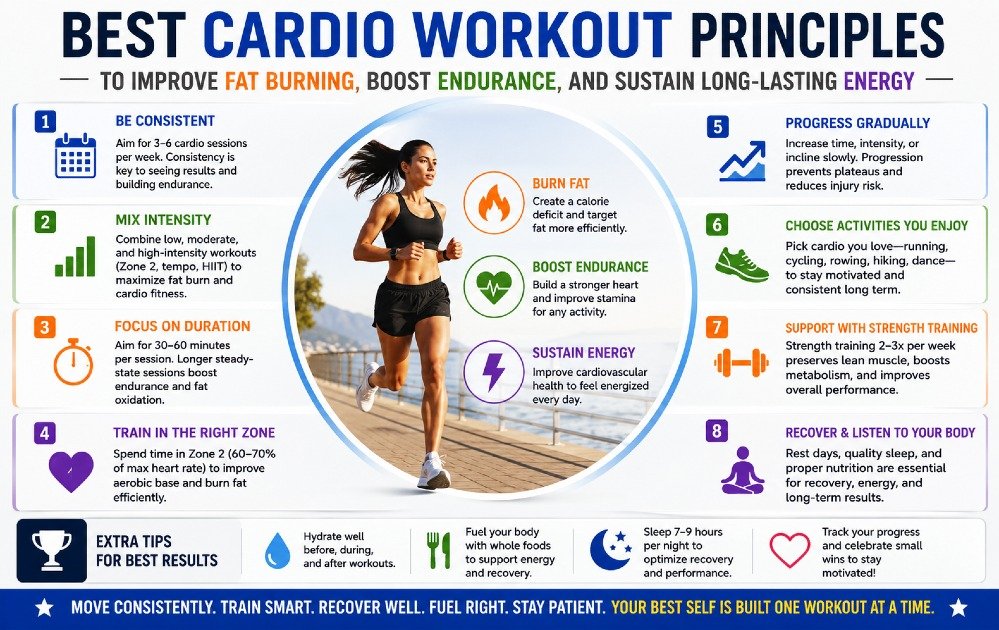 Clear infographic outlining best cardio workout principles to improve fat burning, boost endurance, and sustain long-lasting energy.