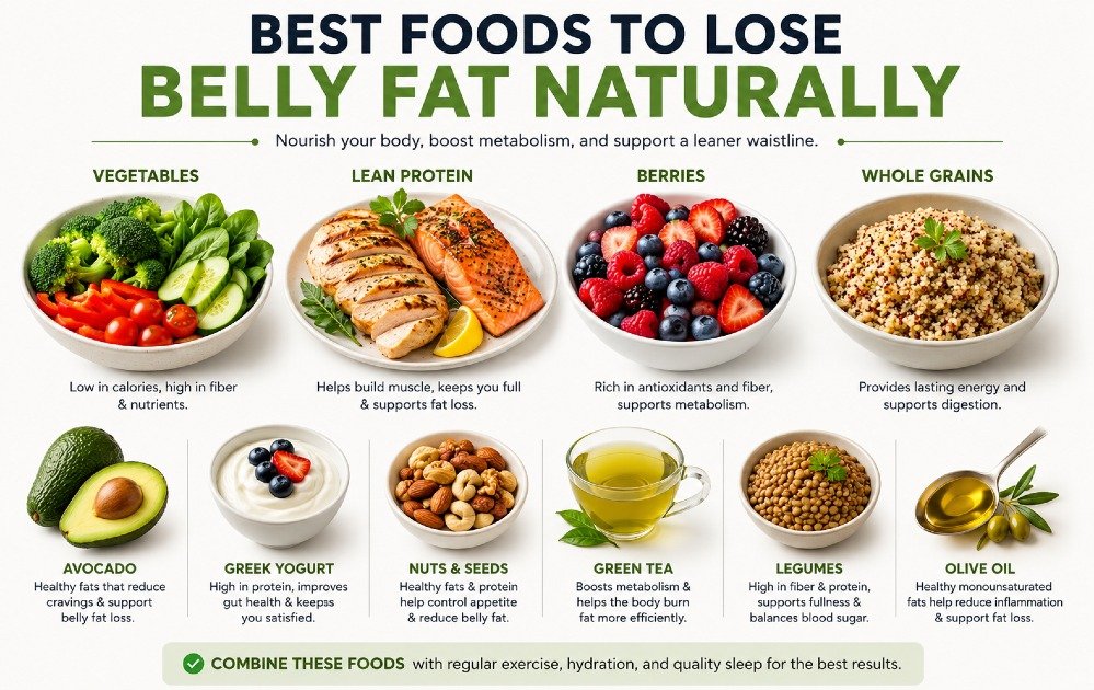 Healthy foods that support belly fat loss, including vegetables, lean protein, berries, and whole grains