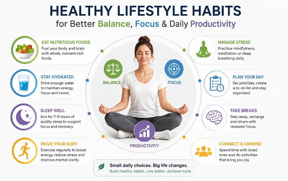 Healthy lifestyle habits supporting better balance, focus, and daily productivity
