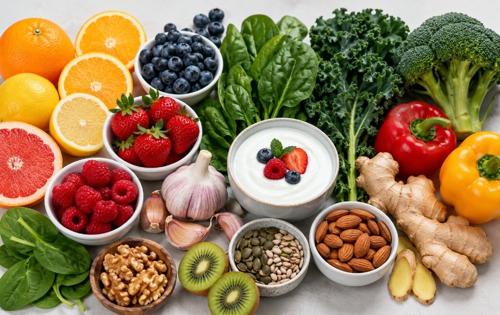 Colorful selection of immune-supporting foods including citrus fruits, berries, leafy greens, garlic, yogurt, nuts, and vegetables.