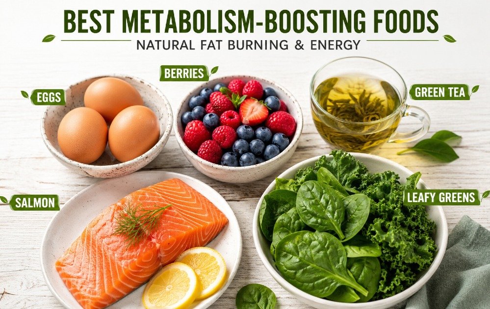Healthy metabolism-boosting foods including eggs, berries, green tea, salmon, and leafy greens on a wooden table