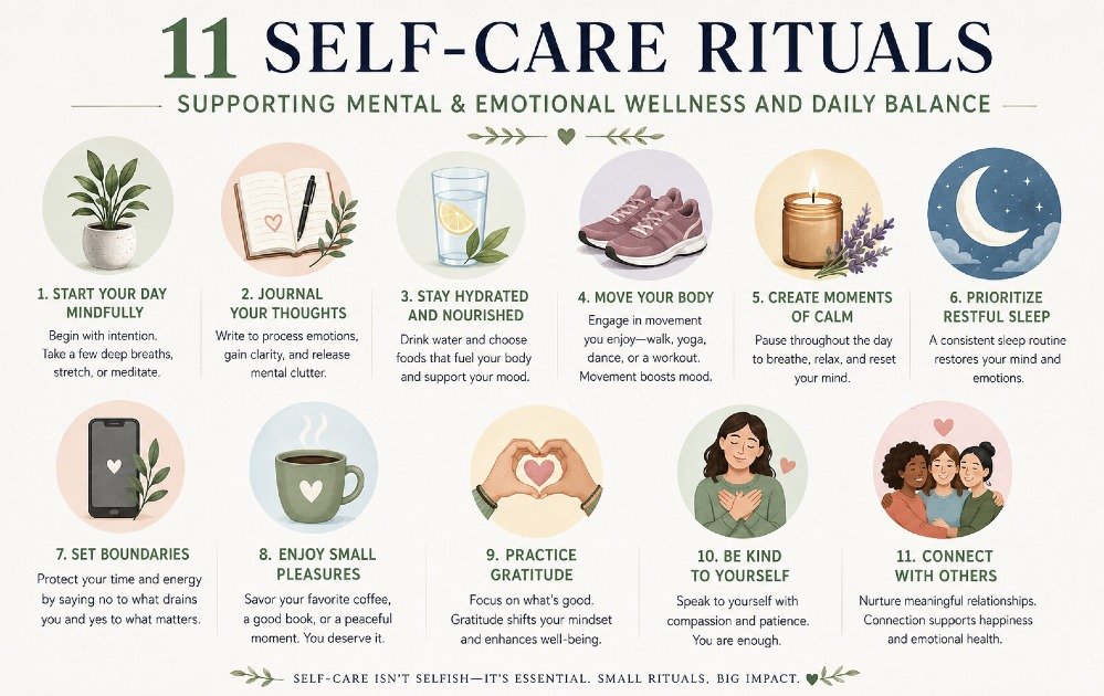 Self-care rituals supporting mental and emotional wellness and daily balance