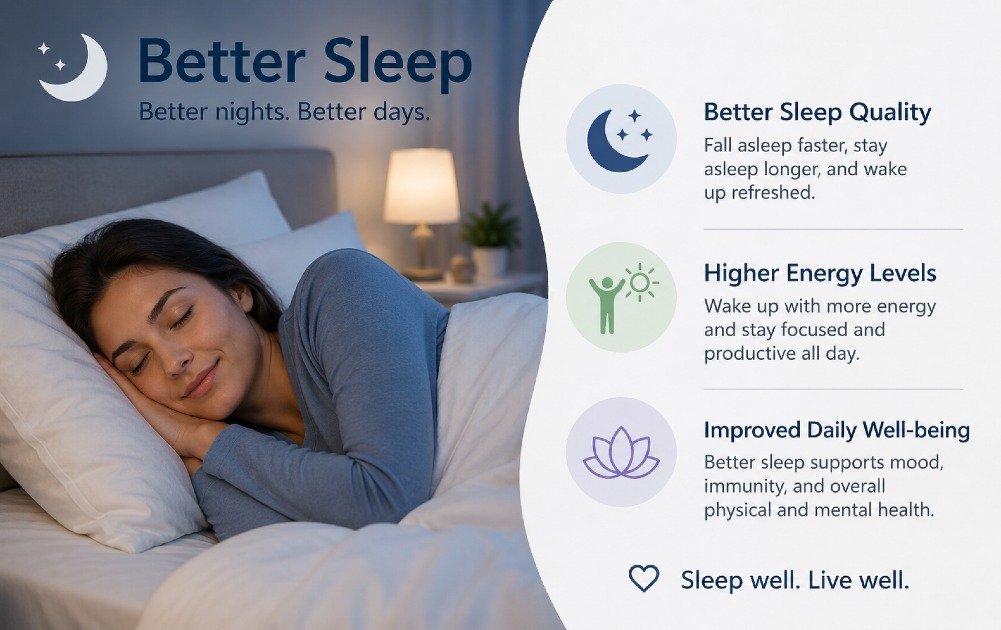 Person sleeping peacefully at night, supporting better sleep quality, higher energy levels, and improved daily well-being.