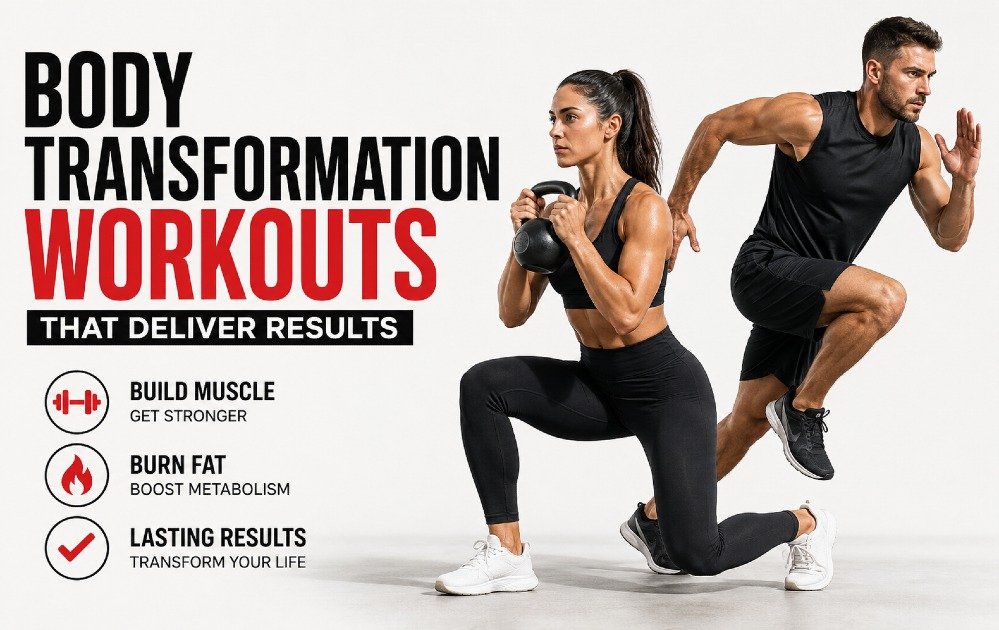 Man and woman performing strength and cardio exercises to build muscle, burn fat, and achieve lasting body transformation results.