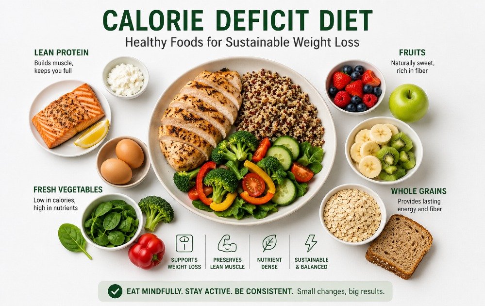 Healthy calorie deficit diet foods including lean protein, fresh vegetables, fruits, and whole grains arranged for sustainable weight loss.
