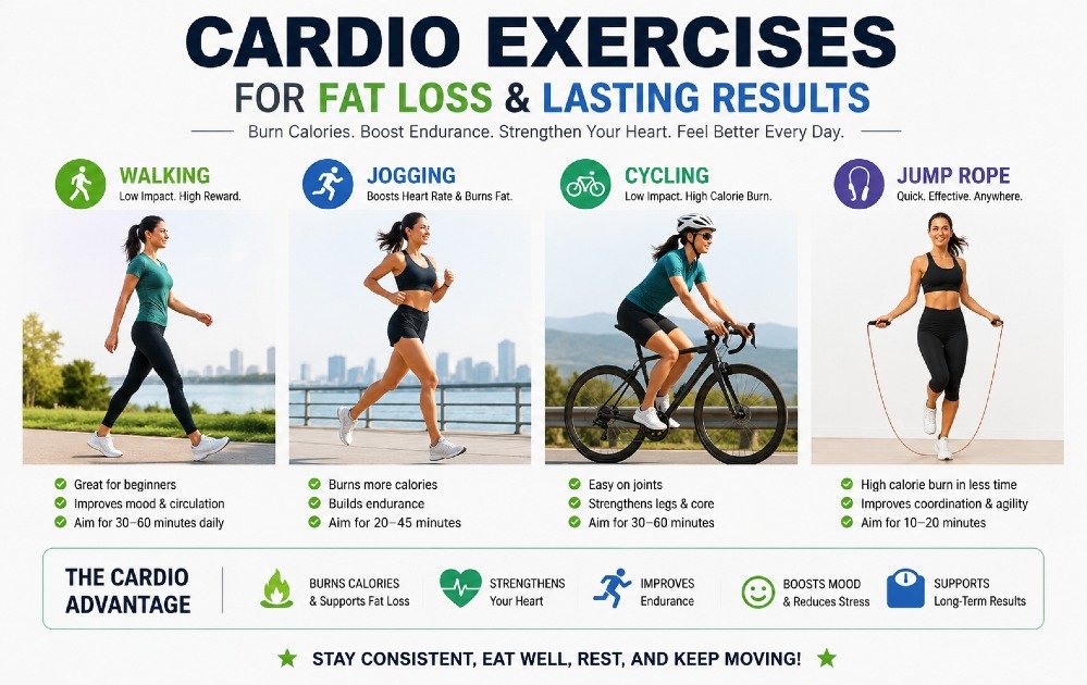 Person performing effective cardio exercises such as walking, jogging, cycling, and jump rope to support healthy fat loss and long-term fitness.