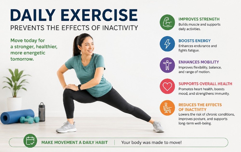Person performing daily exercise to improve strength, energy, mobility, and overall health while reducing the effects of inactivity.