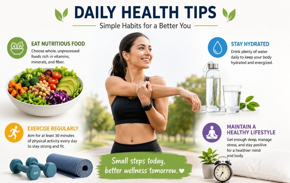 Person following daily health tips by eating nutritious food, staying hydrated, exercising, and maintaining a healthy lifestyle.
