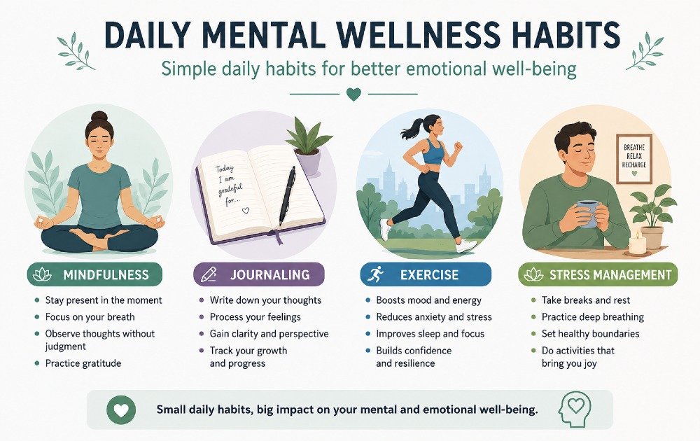 Healthy mental wellness habits including mindfulness, journaling, exercise, and stress management for better emotional well-being