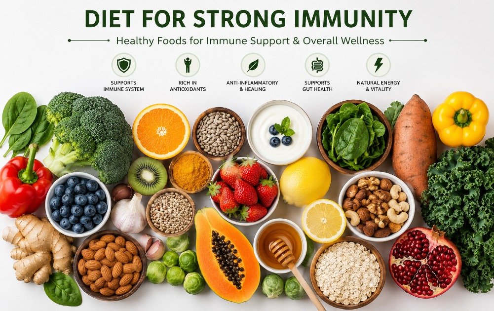 Fresh fruits, vegetables, nuts, and healthy foods that support a strong immune system and overall wellness.